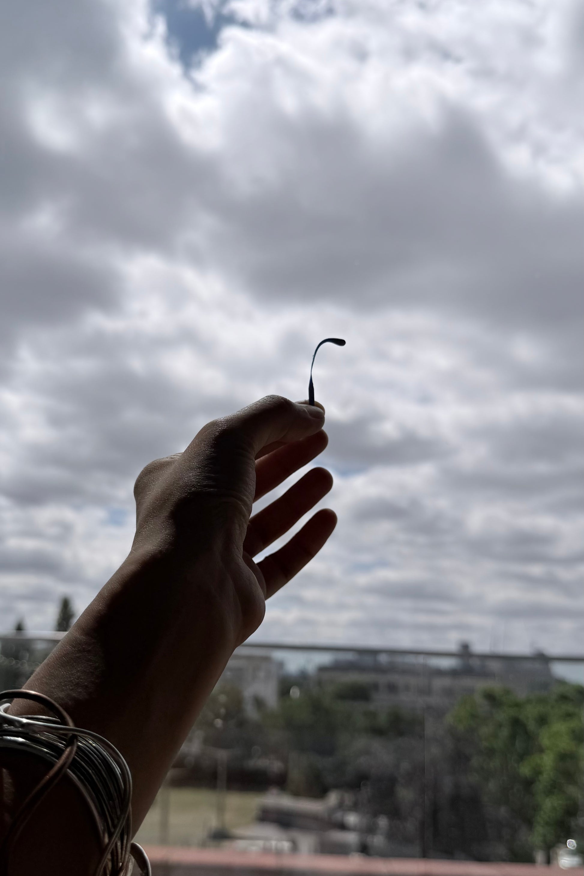 A close-up of a hand holding a single black eyeglass lens against a cloudy sky, with a blurred outdoor cityscape in the background.